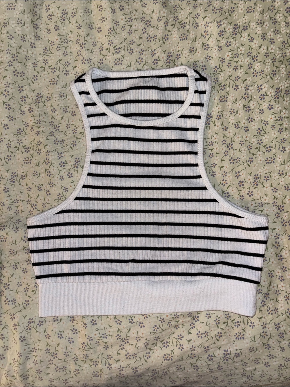 Striped Ribbed Crop Tank Top - White & Black